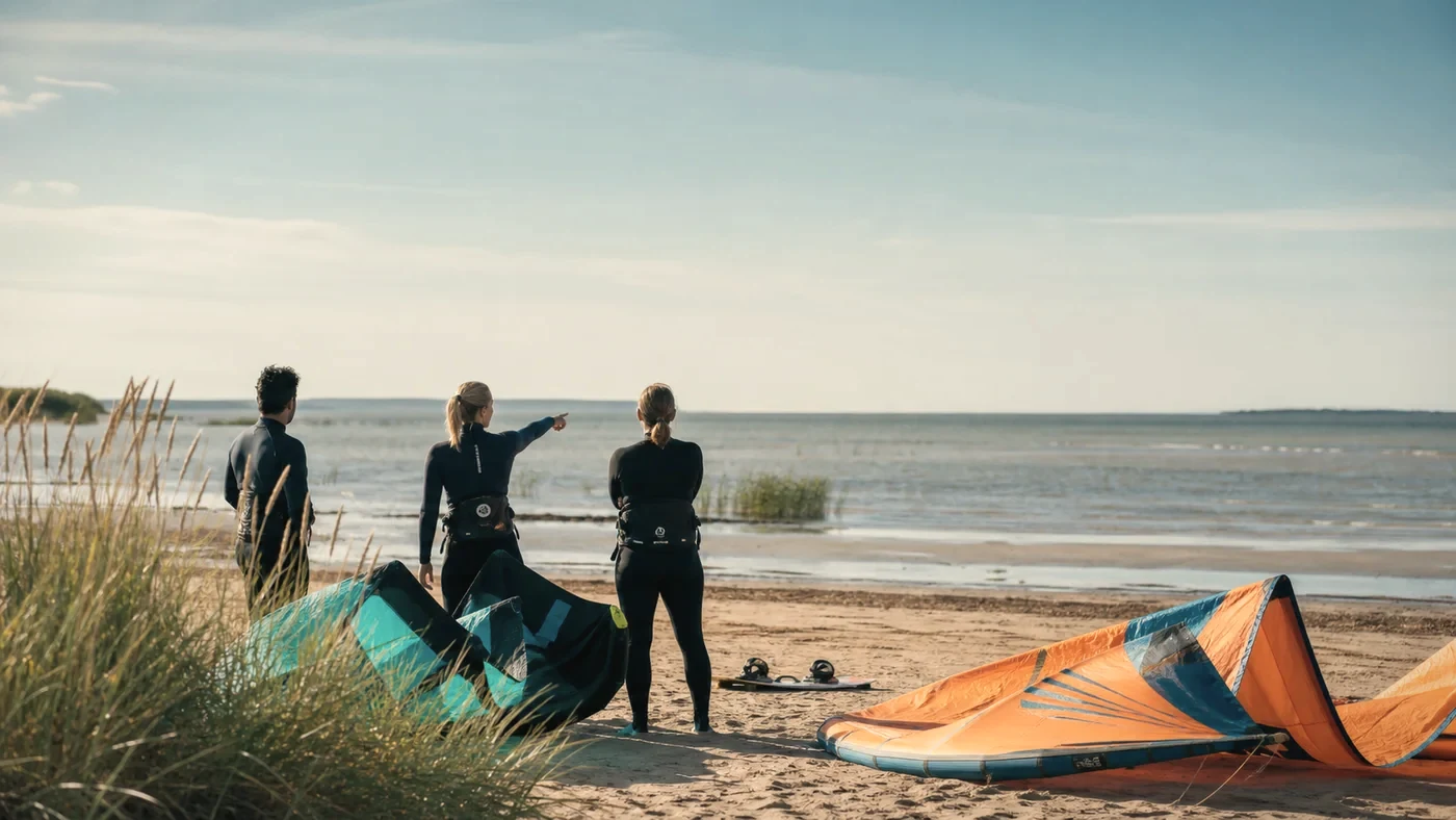 A kitesurf coach discussing wind direction with two adult learners on a quiet Baltic beach
