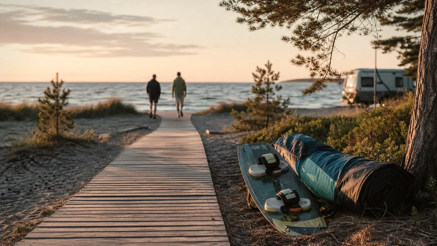 Kitesurf gear resting beside a pine-lined beach path near the southern Pärnu County coast