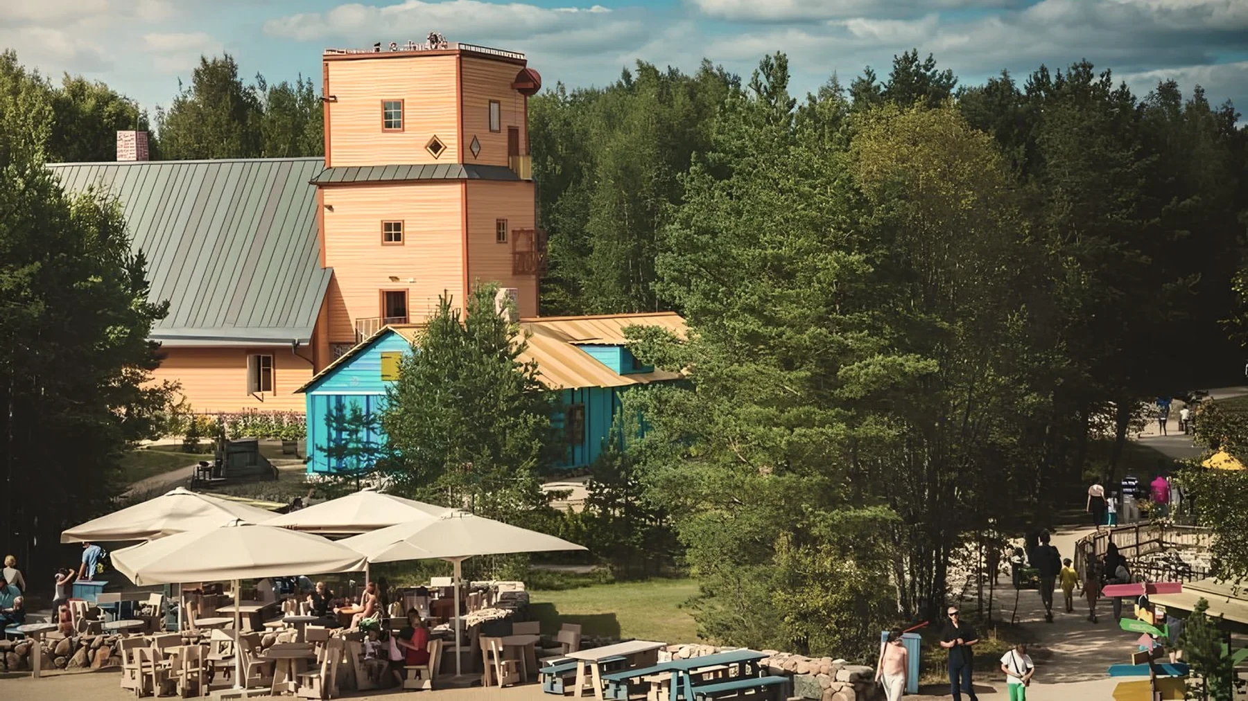 Lottemaan kävijäalue ja värikkäät talot kesällä